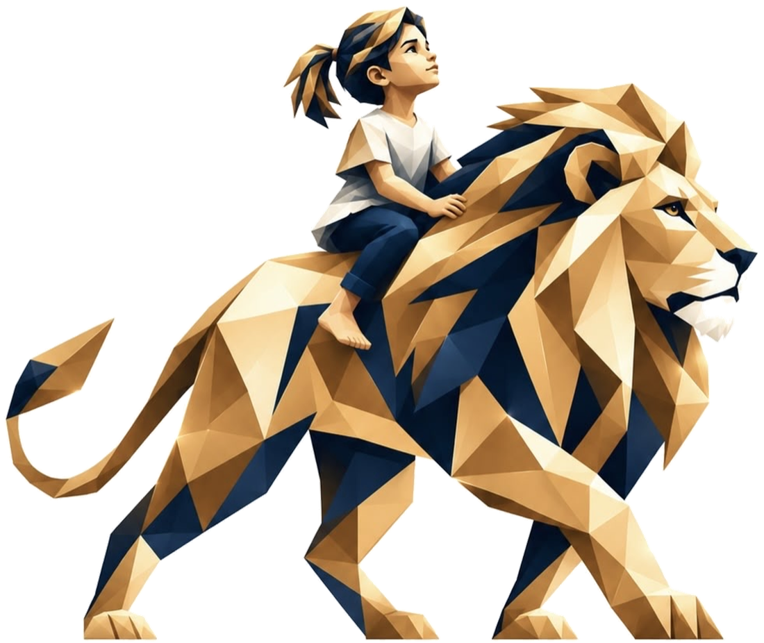 A girl riding a geometric lion, looking ahead